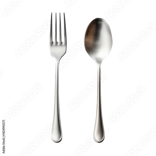 silver spoon and fork isolated on transparent background