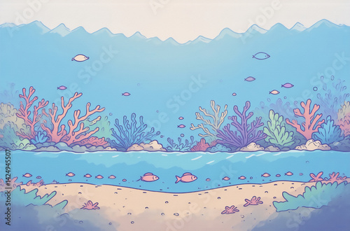 A serene underwater scene, perfect as an avatar background.  Pastel corals and fish populate a tranquil ocean floor, mountains visible in the distance.