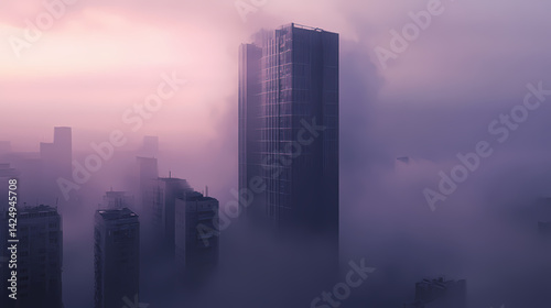 Wallpaper Mural Mysterious tower shrouded in fog reveals the beauty of urban landscapes at dawn. Misted Tower. Illustration Torontodigital.ca