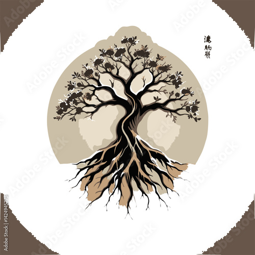 Hinoki Cypress Bonsai Vector. Serene Bonsai Tree with Exposed Roots in Circular Earth-Tone Design