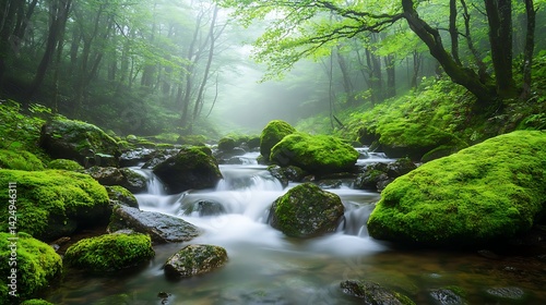 Misty forest stream with moss-covered rocks