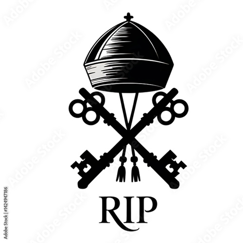 Papal Keys and Mitre with RIP:  A somber illustration depicting the Papal Keys and Mitre, symbolic of the Papacy, overlaid with the initials "RIP," signifying rest in peace.