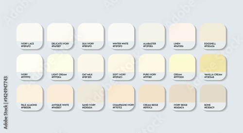Ivory Color Guide Palette with color Names. Catalog Samples of Ivory with RGB HEX codes and Names. Plastic light cream Color Palette, Fashion Trend Pantone Light Ivory Color Palette, white skin tones