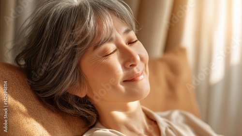 Peaceful elderly woman enjoying a moment of relaxation in a cozy living room during the afternoon sunlight.