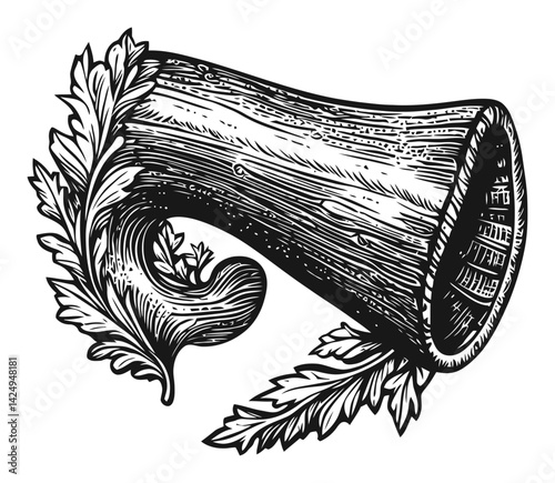 Detailed Engraving of a Decorative Horn Surrounded by Foliage