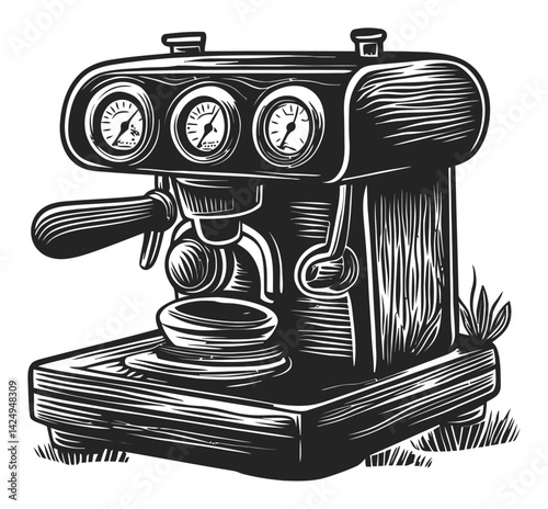 Vintage Espresso Machine Engraving with Classic Design Features