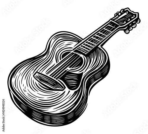 Detailed Wood Engraving of an Acoustic Guitar Illustration