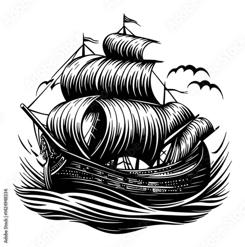 Detailed Black and White Engraving of Sailing Ship with Sails