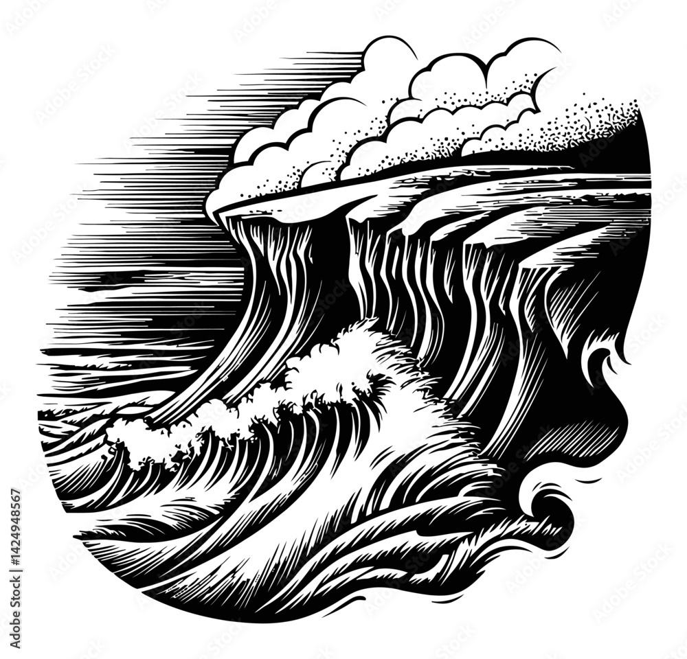 Dramatic Ocean Waves and Cliffs Illustration with Clouds