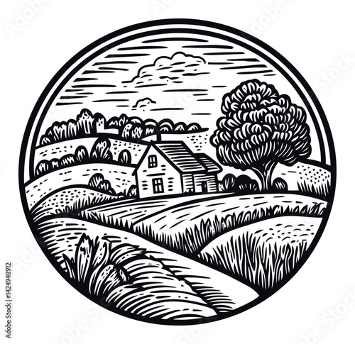 Black and White Engraving of a Scenic Countryside Landscape