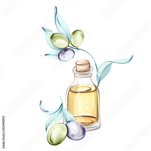 Illustration of olives and olive oil in watercolor celebrating the essence of Italian cuisine and natures beauty