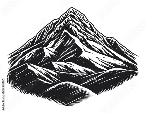 Detailed Mountain Engraving Illustration in Black and White Style