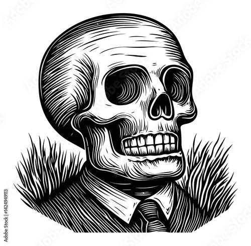 Detailed Engraving of a Skull with Classic Suit and Tie Design
