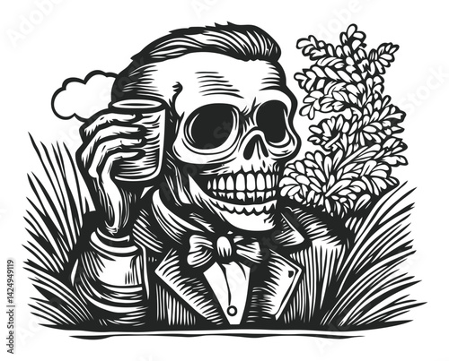 Vintage Skeleton Illustration Holding Cup with Floral Background
