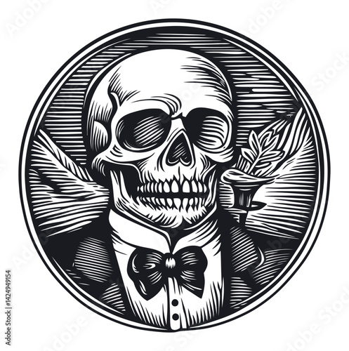 Vintage Skull Illustration with Elegant Accessories and Bow Tie