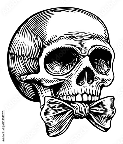 Detailed Black and White Engraving of a Skull with Bow Tie Design