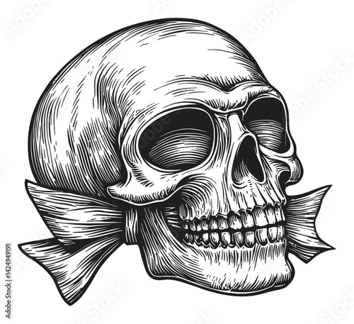 Vintage Engraving of Skull with Bow for Illustration Purposes