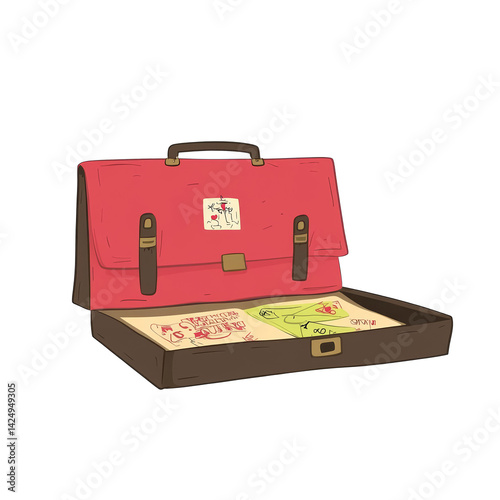 Illustration Of An Open Red Briefcase With Brown Outline Design On Black Background
