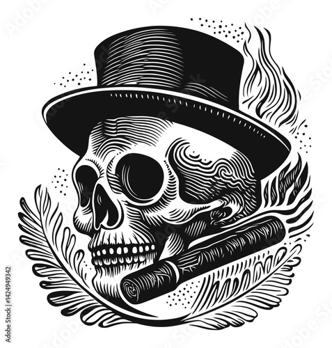 Skull Illustration with Top Hat and Cigar in Engraving Style