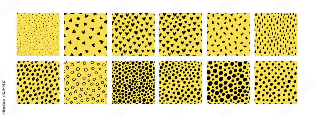 Small dash seamless pattern collection. Set of hand-drawn doodle textures on a yellow background. Cute minimalist textures with hearts, lines, dashes. Perfect for kids design, fabric, wrapping paper