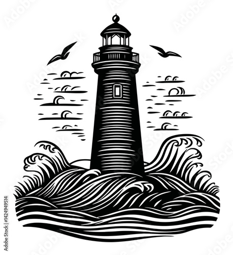 Black and White Engraving of a Lighthouse with Waves and Birds