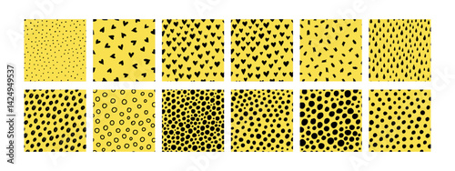 Obraz na płótnie Small dash seamless pattern collection. Set of hand-drawn doodle textures on a yellow background. Cute minimalist textures with hearts, lines, dashes. Perfect for kids design, fabric, wrapping paper w salonie