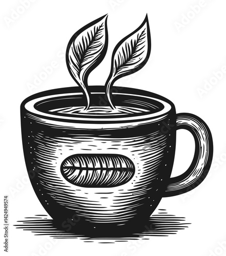 Engraved Coffee Cup with Leaves Steam Illustration for Vintage Style