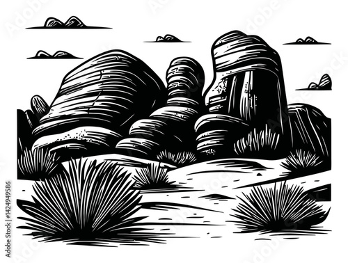 Stylized Engraving of Desert Landscape with Rock Formations and Cacti