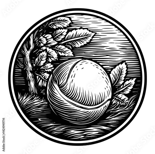 Detailed Engraving of a Tennis Ball Surrounded by Leaves and Tree