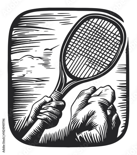 Hand Holding Tennis Racket Engraving Illustration in Bold Lines