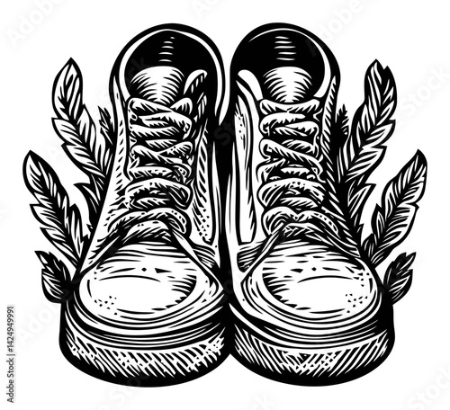 Vintage Engraving of Sneakers Surrounded by Nature Elements