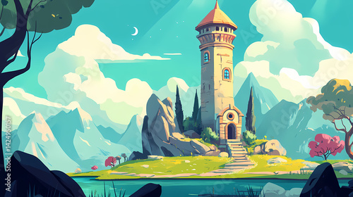 Fantasy architecture, mythical creature, watchful figure. Mythic Watchtower. Illustration