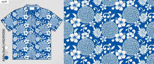 seamless hibiscus flower and leaf circle shape pattern for Hawaii shirt. summer fashion trend. Vector design, fashion mockup presentation, fabric print clothing. Not created by AI.