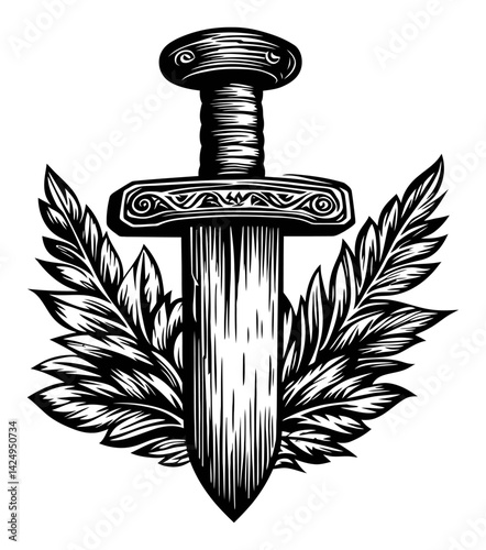 Detailed Black and White Sword Engraving with Leaf Design