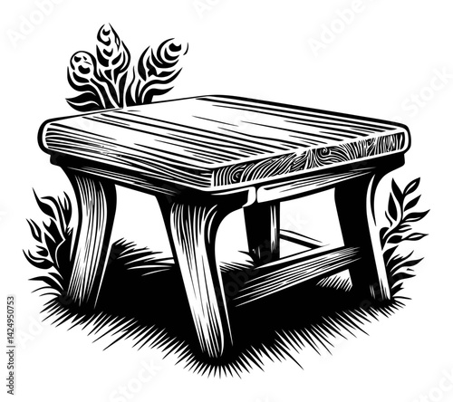 Detailed Wood Engraving of a Rustic Stool with Decorative Elements