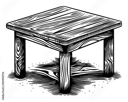 Wooden Table Engraving Illustration in Black and White Style