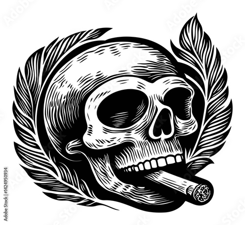 Skull Illustration with Cigar Surrounded by Laurel Leaves