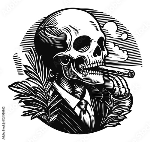 Detailed Black and White Engraving of a Skull with Cigar