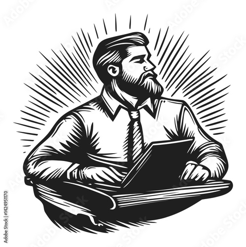 Vintage Engraving of Illustrator with Beard and Formal Attire
