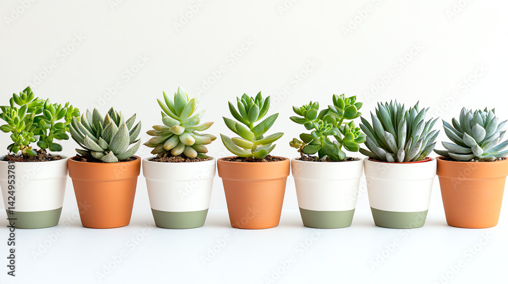 A charming set of small terracotta pots with white and sage green accents, each holding vibrant succulents or cacti. Perfect for minimalist indoor gardens, home decor, or plant lovers. Stylish A charming set of small terracotta pots with white and sage green accents, each holding vibrant succulents or cacti. Perfect for minimalist indoor gardens, home decor, or plant lovers. Stylish