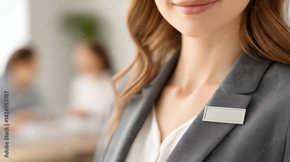 A blank silver metal nameplate pinned on the lapel of blazer worn by a businesswoman in a modern office.
