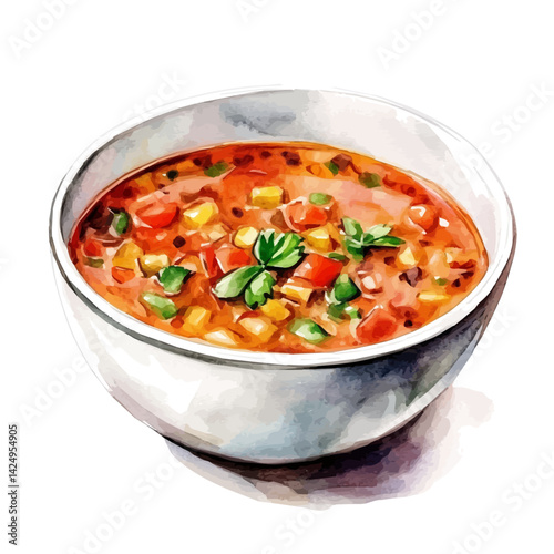 Hot bowl of soup on a winter afternoon, watercolor illustration, isolated on a white background.

