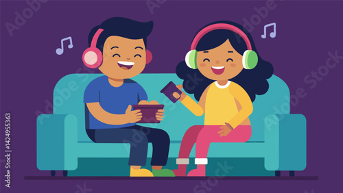 A brother and sister huddled together on the couch giggling as they pass one set of headphones back and forth discovering new music. Vector illustration