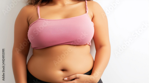 Wallpaper Mural Overweight woman touching belly fat, standing against white background Torontodigital.ca