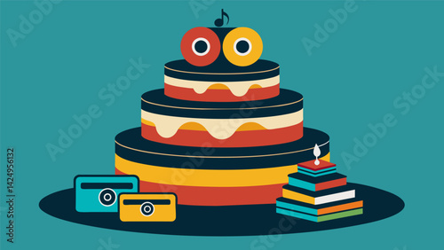 A cake fit for a music lover with layers depicting iconic musicians and their most famous albums pressed into vinyl. Vector illustration