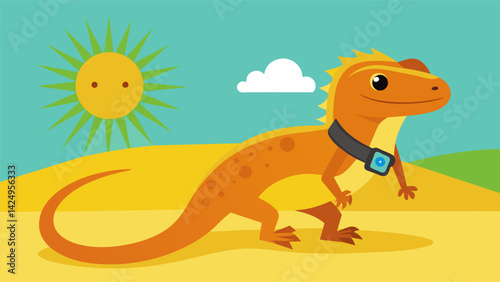 A lizard basking in the sun its fitness tracker indicating that it has met its daily UV exposure requirement.. Vector illustration