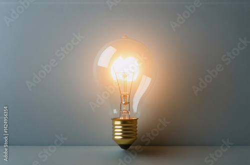 A clear glass light bulb with a brass base is lit and casting a warm glow. The bulb sits on a surface against a plain grey background in a studio setting.