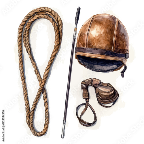 Horse riding whip and helmet placed together, watercolor illustration, isolated on a white background.

