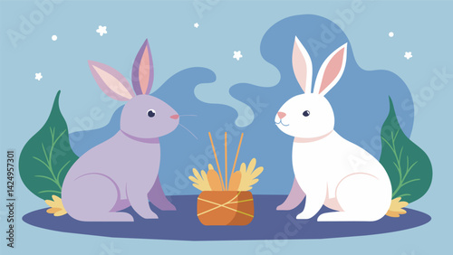 A pair of contented rabbits munching on hay while enjoying the calming aroma of a pet calming diffuser blended with cedarwood and ylangylang.. Vector illustration