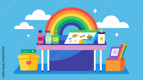 A display table at a charity event showcases a rainbow of donated art supplies with all proceeds going towards purchasing new supplies for a nearby. Vector illustration